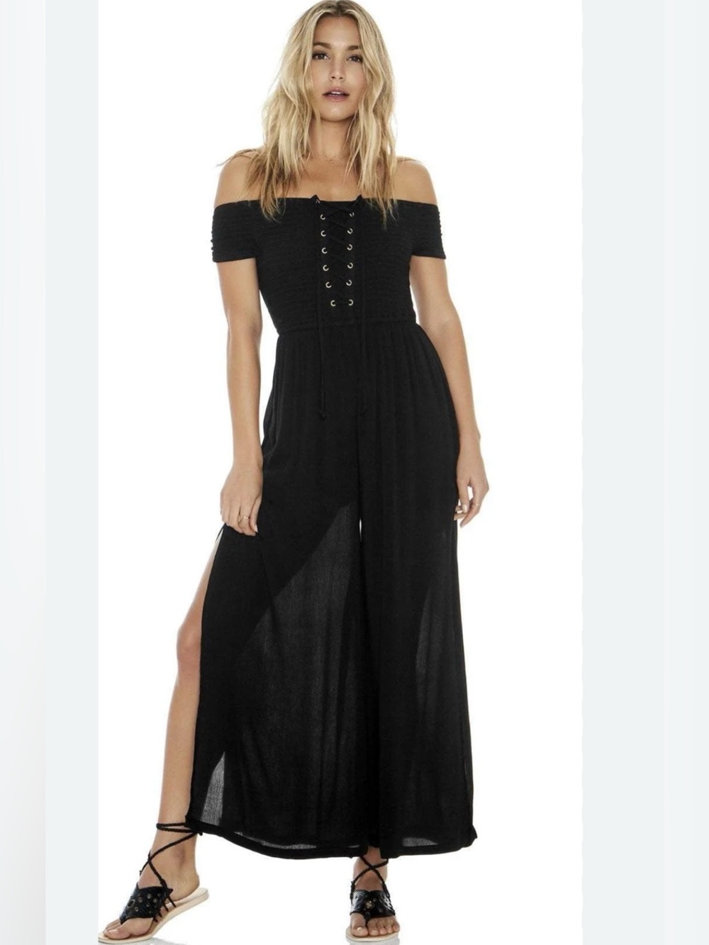 l*space São Paulo  Black Off-Shoulder Wide-Leg Lace-Up Jumpsuit size XS